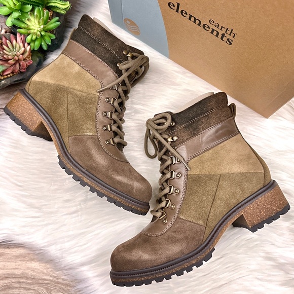 NIB Earth Elements Tessa Lace Up Combat Hiker Boots Leather Mushroom - Picture 1 of 13